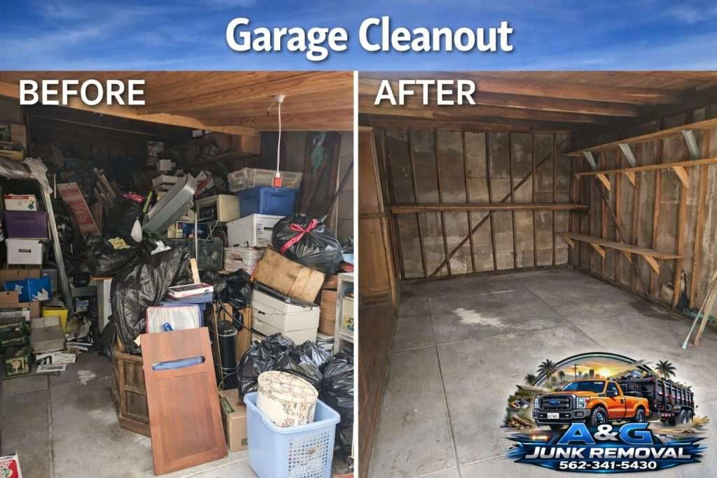 Before and after garage cleanout in Irvine CA showing a fully cleared garage