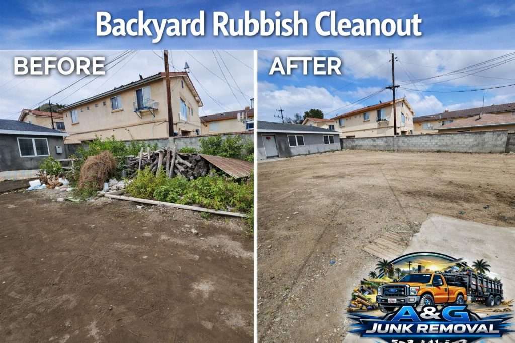 Before and after backyard rubbish cleanout at a property in Irvine CA