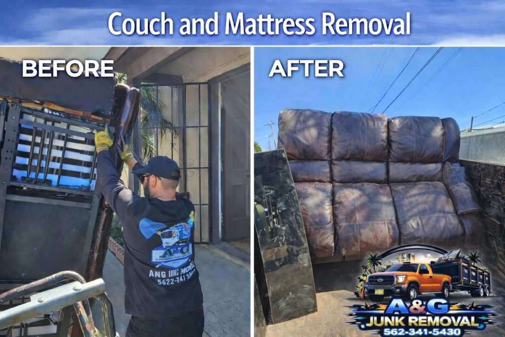 A&G Hauling crew member carrying a mattress out of a home in Irvine CA
