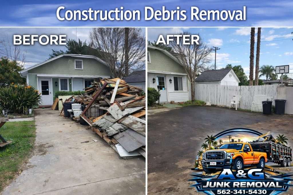 Before and after construction debris removal from a residential driveway in Irvine CA