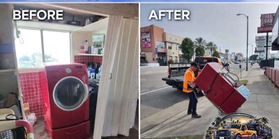 Appliance removal crew loading a refrigerator