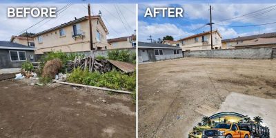 Before and after backyard rubbish cleanout at a property in Irvine CA