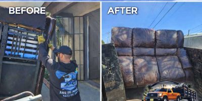 A&G Hauling crew member carrying a mattress out of a home in Irvine CA